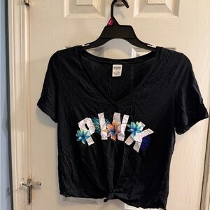 PINK Victoria's Secret Black Tee with Floral Accents